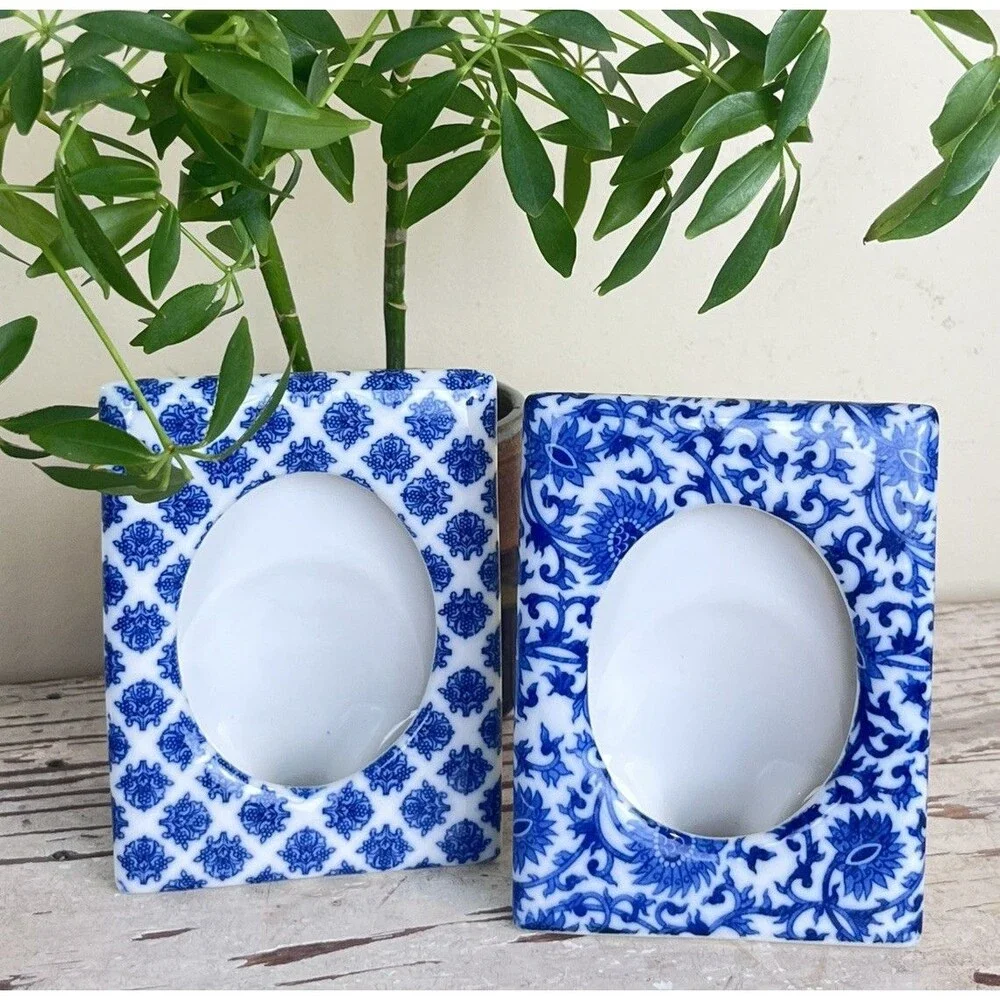 Vintage Pier 1 Imports Blue & White Chinoiserie Photo Frames Set 5” Home Decor